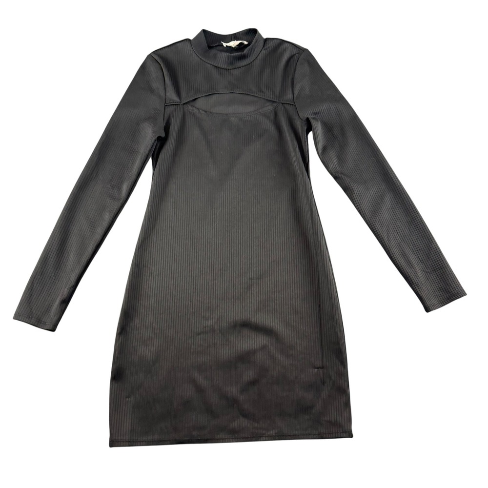 Rewind Black Ribbed Mock Neck Cutout Long Sleeve Mini Dress NKD4871PSP Mens M